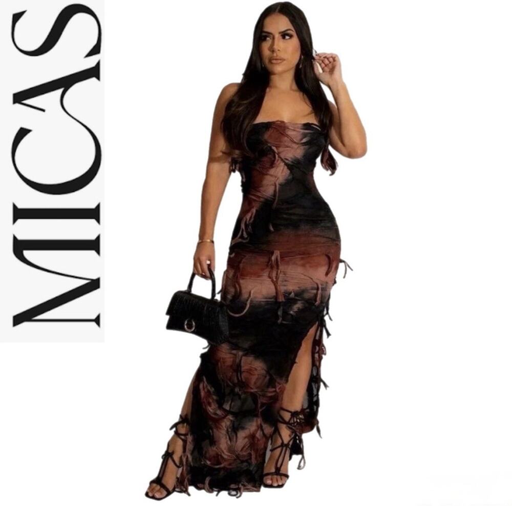 Micas Halter Mesh Maxi Dress Brown & Black Baddie Bodycon Size S NWT